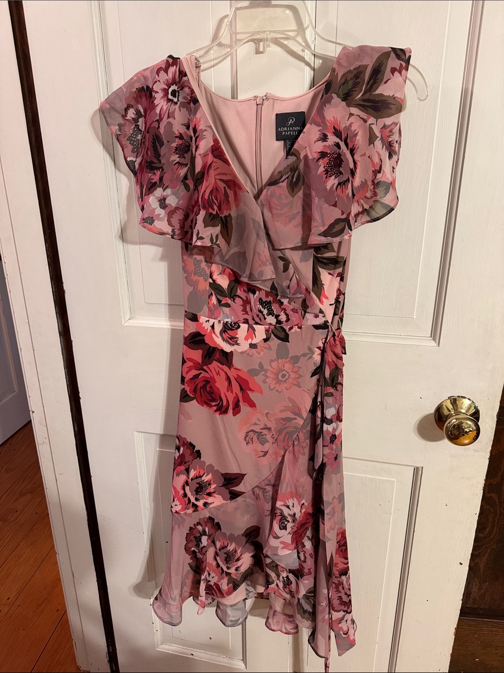 Adrianna Papell Pink Floral Ruffle Wrap Midi Dress